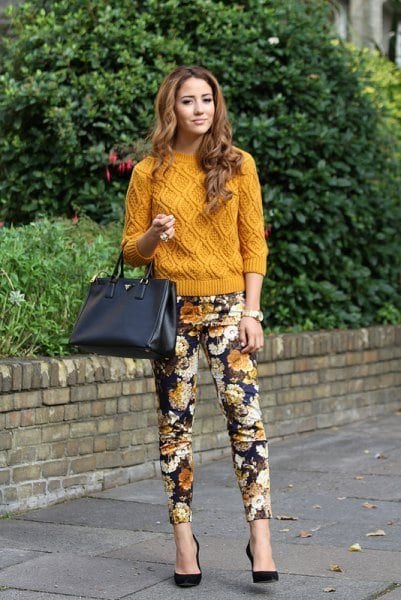 floral pants with knit sweater