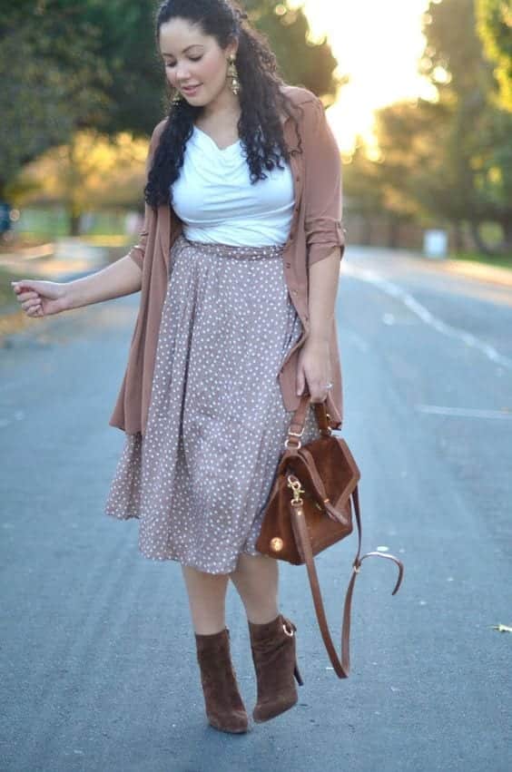 #12 - Long skirt with tucked in shirt, upper and boots