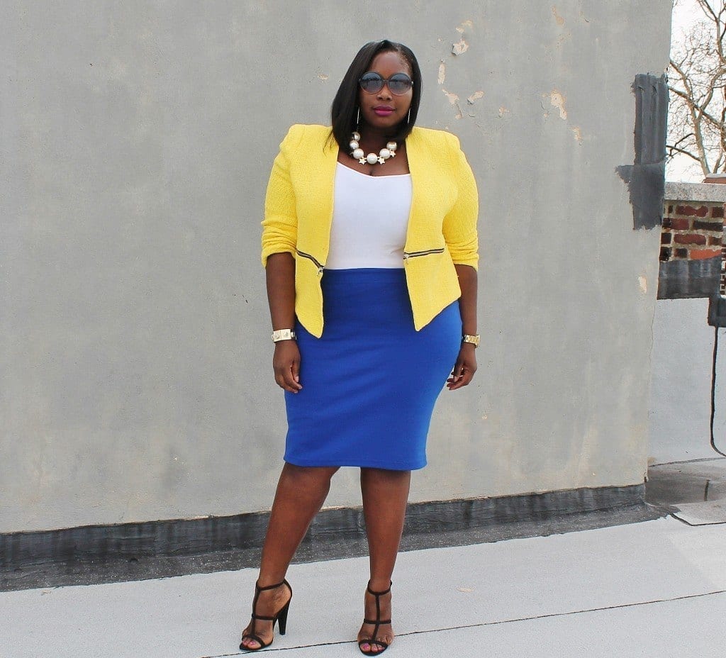 #15 - Pale yellow coat over a cobalt skirt