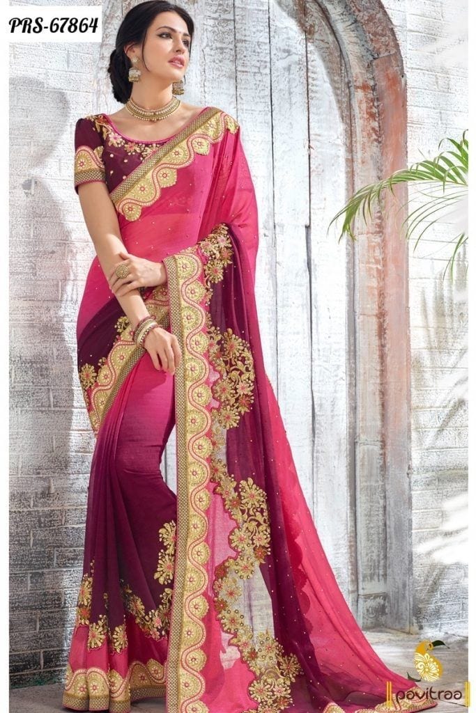 Crepe Silk Party Wear Saree In Pink And Majenta With Stone Work