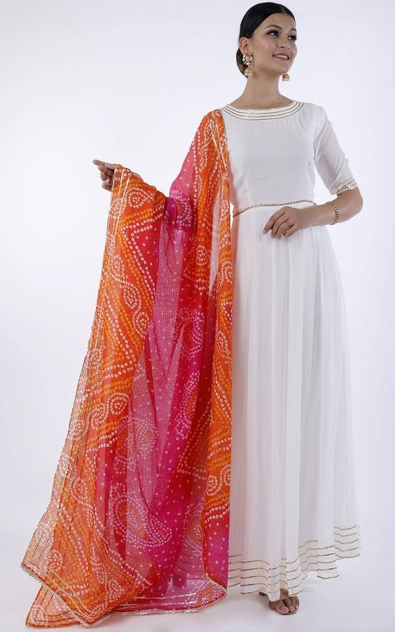 White Maxi dress with colorful dupatta