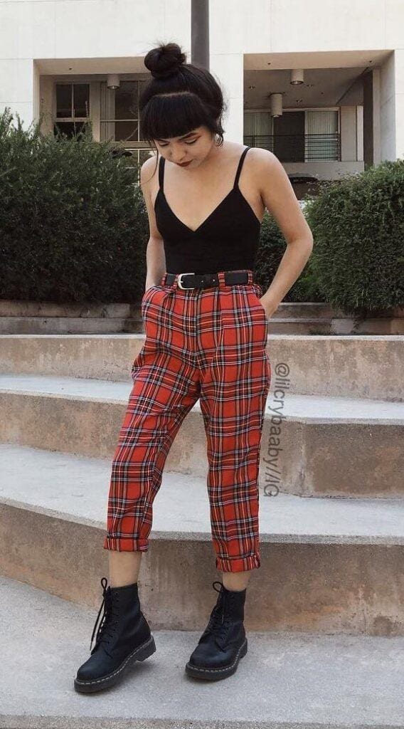 Black Cami Top With Red Plaid Pants
