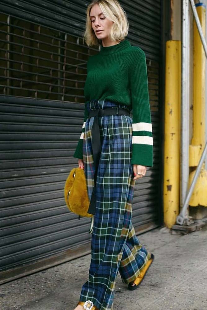 Blue Plaid Pants with Green Sweater 