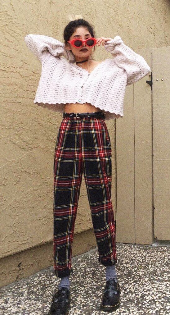 Cute Pink Knitted Top with High waist Plaid Trousers