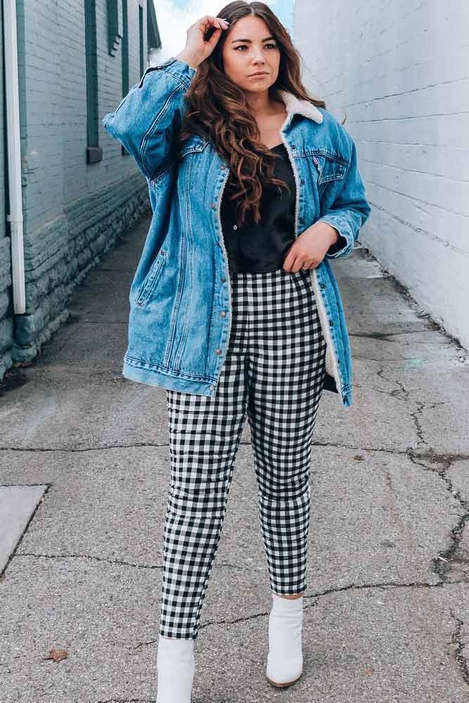 Plus-sized plaid pants with over-sized denim jacket
