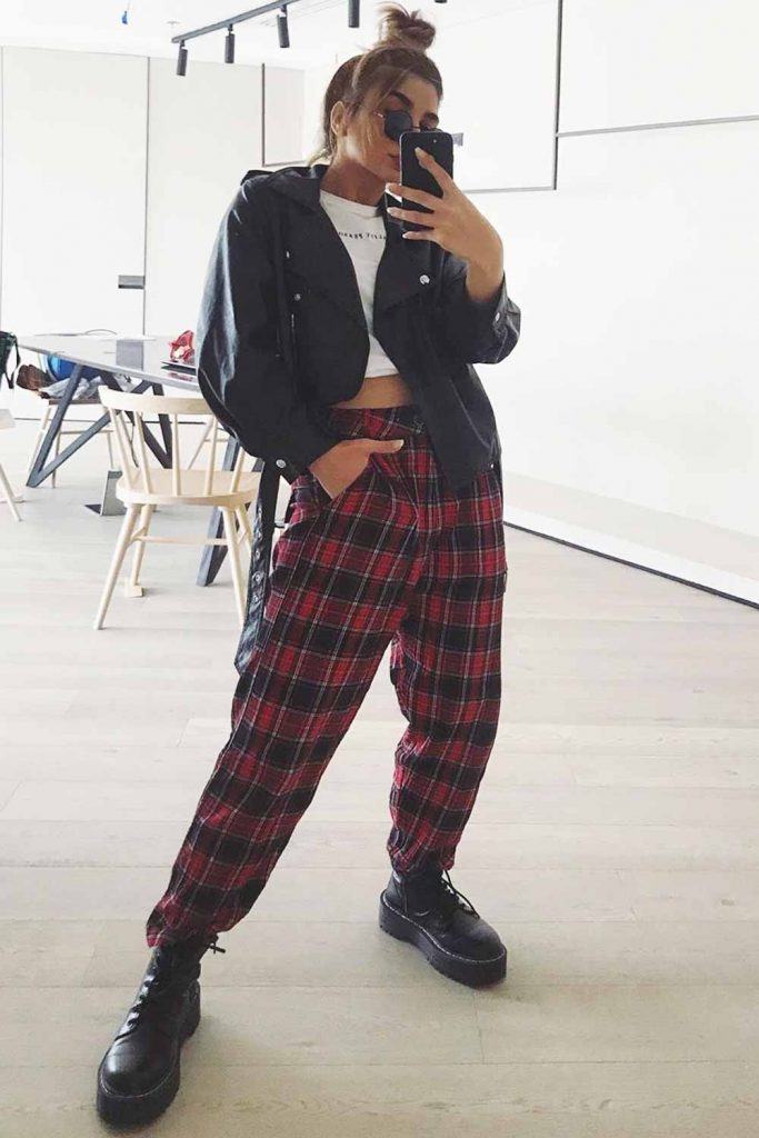 Plus size plaid pants with oversize denim jackets