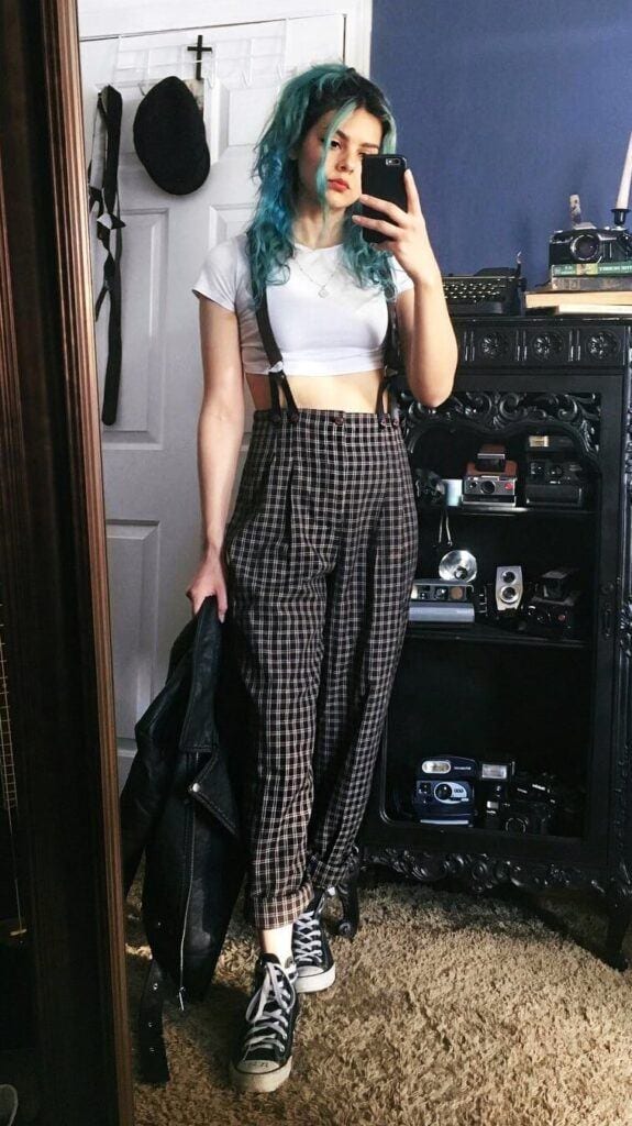 White Crop Top with Black and White Plaid Trousers and Suspenders