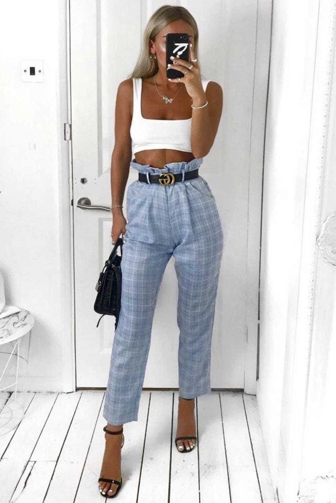 White top with blue plaid pant